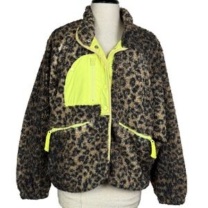 Free People FP Movement Queen of the Jungle Fleece Jacket Womens L Brown Leopard